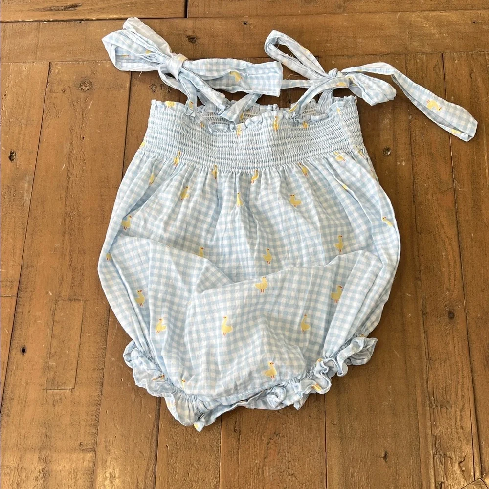 Sal & pimenta blue checkered duck print tie strap bubble romper 12 month smocked